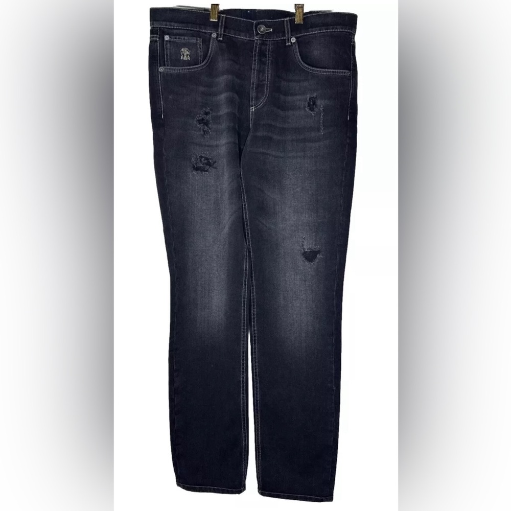 Brunello Cucinelli Mens Traditional Fit Distressed Jeans Black Sz 48 IT 30-31x30